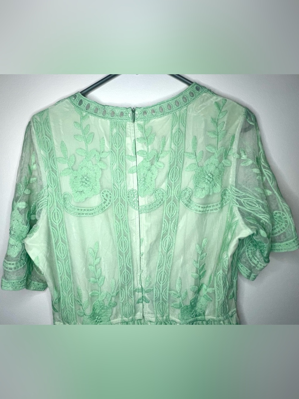 Mint Green Boho Lace Embroidered Mesh Overlay Maxi Dress Cottagecore Fairycore L - Picture 5 of 6
